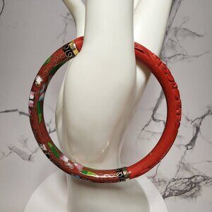 Vintage Red Floral Cloisonne and Carved Cinnabar Bracelet